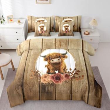 Imagem de Jogo de cama solteiro com estampa de vaca Highland, 7 peças, estampa floral rústica com porta de celeiro e animais do oeste, decoração de quarto fofo