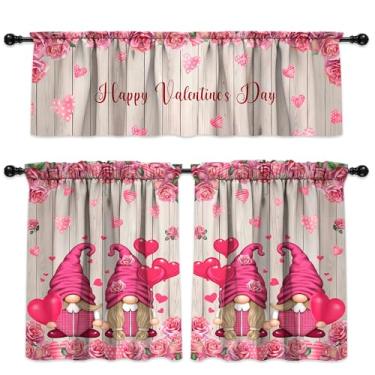 Imagem de Cortinas de cozinha para Dia dos Namorados, decorações para casa, dia dos namorados, cortinas de janela com bolso para varão, conjunto de camadas e saia para dia dos namorados, 137 x 45 cm, saia de 68