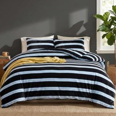 Imagem de Bedbay Conjunto de edredom listrado de veludo luxuoso, tamanho king, macio, quente, veludo, fofo, 3 peças, azul e preto, conjunto de cama king size para todas as estações