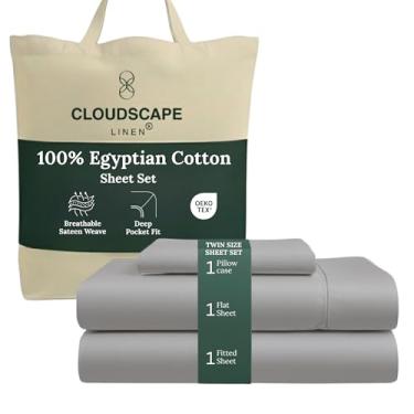 Imagem de Jogo de cama solteiro de algodão egípcio de camada dupla Cloud Scape Linen – Tecido de cetim de fibra longa, conjunto de cama essencial de 3 peças de qualidade de hotel macio, bolsos profundos de até
