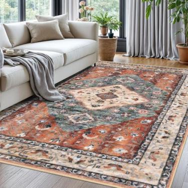 Imagem de KOZYFLY Boho Tapete de área 1,5 x 1,8 m para sala de estar, lavável, tapete antiderrapante para sala de estar enferrujado/laranja/azul, lã sintética, vintage, para sala de jantar