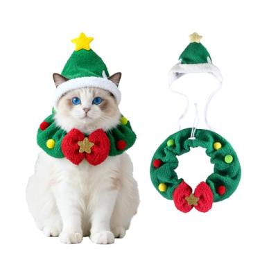 Imagem de Clorvint Chapéu de Papai Noel com cachecol, fantasia de gato de Natal e Halloween para cães pequenos, coelhos, decoração de ano novo, roupas para animais de estimação, verde