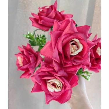 Imagem de Rosa Artificial com 5 flores (De ponta)(Rosa pink c miolo chá,Kit com 3 Unidades)