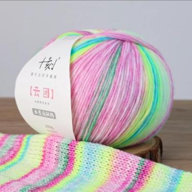 Imagem de SHIKE Cloud-Cluster fio multicolorido arco-íris para tricô e crochê. Fio misturado de algodão acrílico de lã macia. Fio de ar tingido com espaço gradiente (YT24)