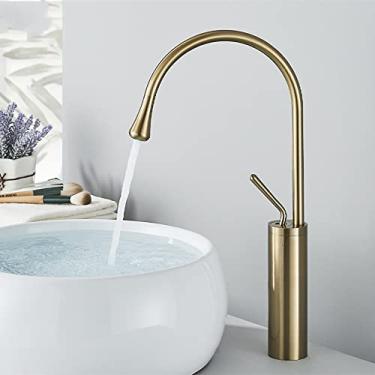 Imagem de Torneira de banheiro de ouro escovado torneira de alavanca única bica de latão misturador quente e frio torneira de pia de água para cozinha, ouro escovado alto