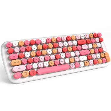 Imagem de Teclado Bluetooth sem fio para Mac, iPad, iPhone, PC, Laptop e Android, conecte até 3 dispositivos simultaneamente, teclado retrô redondo portátil de 100 teclas de escrita - cores de batom