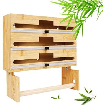 Imagem de Dispensador De Folha De Alumínio, Dispensador De Embalagens De Madeira De Bambu Com Cortador, Suporte De Papel De Parede, Dispensador De Sacos Frescos Para Cozinha (4 Em 1),Hilarious123