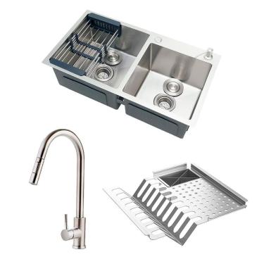 Imagem de Kit Cuba para Cozinha com Escorredor Awá e Torneira Misturador Monocomando em Aço Inox Iriri - Prata