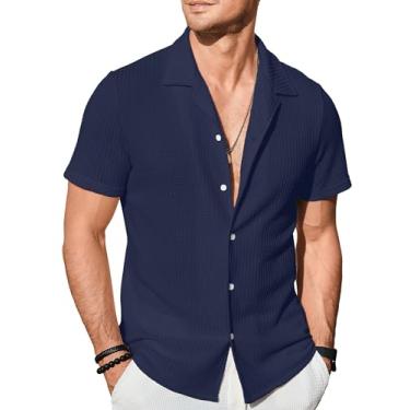 Imagem de PLEPAN Camisas casuais masculinas de manga curta com botões de malha waffle camisas de verão praia vintage moda tops, Azul marinho, 3G