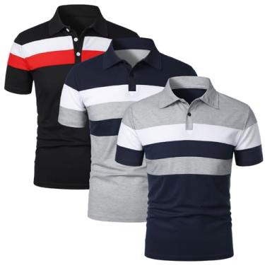 Imagem de Oymyakon Camisas polo masculinas de manga curta Color Block Camisetas de golfe moda verão casual lapela camiseta, Preto + azul marinho + cinza claro, P