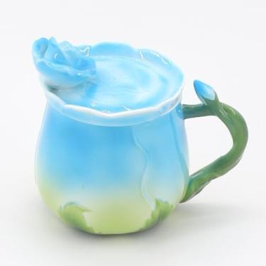 Imagem de Philo Fun Caneca de flor rosa azul para mulheres, caneca de chá de café em formato de flor de rosa esmaltada 382 g porcelana com tampa