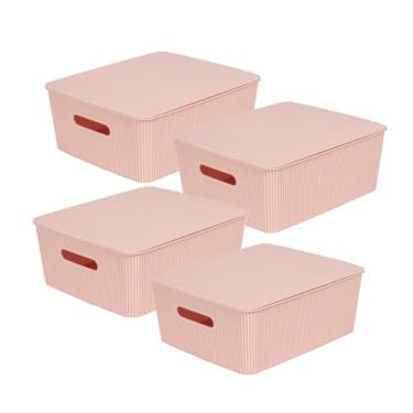 Imagem de Glad Cestas de armazenamento com tampas - Conjunto de 4 caixas de plástico empilháveis com alças - Caixas organizadoras de prateleira decorativas para banheiro e armário, rosa, 8 litros