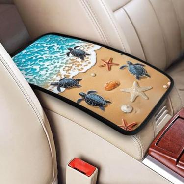Imagem de indokyeyqaz Almofada universal para console central de carro, oceano, praia, tartaruga, macia, à prova d'água, capa para console central de carro, protetor de caixa de assento para a maioria dos