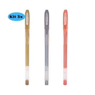 Imagem de Kit 03 Caneta Gel Uni-Ball Signo NOBLE METAL 0.8mm Metálica Bronze Pra