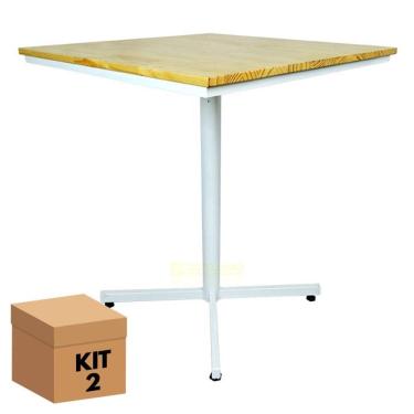Imagem de Kit - 2 Mesas Design Industrial Base Branca Tampo Em Madeira Clara 70X70 P/ Restaurante