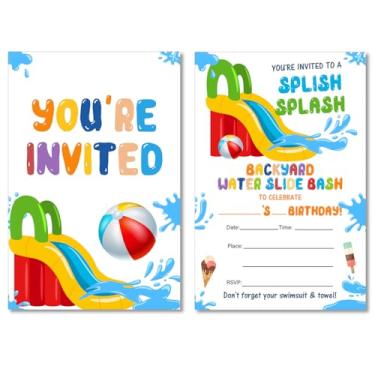 Imagem de Summer Waterslide Convites de aniversário para quintal tobogã de água convites com envelopes conjunto de 20