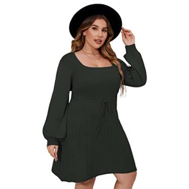 Imagem de Vestido feminino plus size casual gola quadrada manga lanterna longa gravata cintura pulôver pulôver solto, Verde militar, XGG