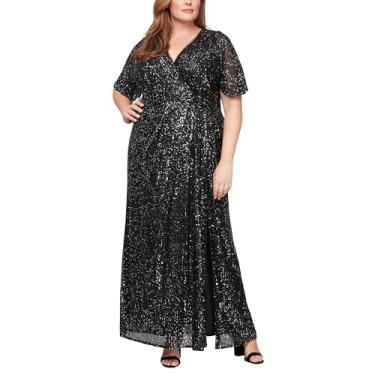 Imagem de S.L. Fashions Vestido feminino longo sobrepeliz decote mãe da noiva com mangas esvoaçantes no cotovelo, convidada de casamento (tamanho grande), Preto/prata, 54