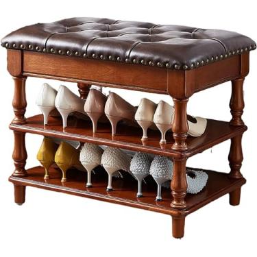 Imagem de Banco de armazenamento de sapatos, banco de armazenamento de sapatos, banco de armário com banco de sapato de assento, organizador de armazenamento de sapatos de bambu de 2 camadas com almofada macia,