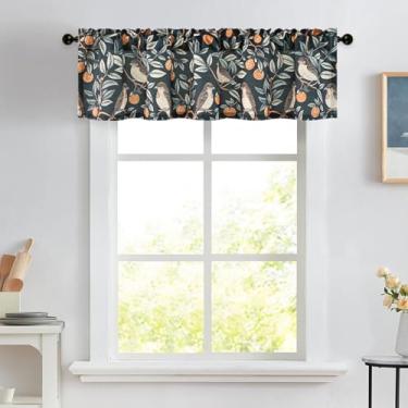 Imagem de Leeva Sanefas pretas de cozinha para janelas, saia floral estilo casa de fazenda com estampa de pássaro para café, cortinas curtas de linho texturizado para quarto e sala de estar, 132 x 35 cm