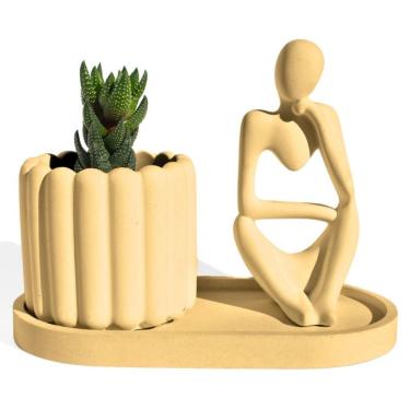 Imagem de Conjunto Decorativo 3 Peças Estátua Pensadora Vaso Tulipa E Bandeja Amarelo