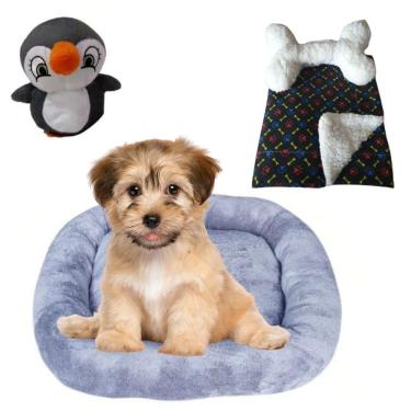 Imagem de Cama Bigata M Tecido Soft Com Osso Pelucia E Manta Kit 4 Peças Cinza