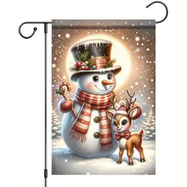 Imagem de Starlit Patio Bandeira de jardim Merry Christmas, boneco de neve, rena, quintal, faixa externa 30 x 45 cm, dupla face, inverno, Natal, feriado, sinal de boas-vindas, decoração sazonal, para festa em