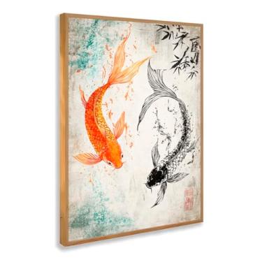 Imagem de Quadro Decorativo Carpas Japonesas Com Moldura Peixes Koi Laranja Preto Equilíbrio Oriental Água Arte Zen Pintura Tradicional Energia Boa
