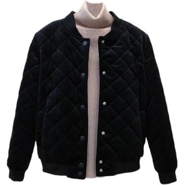 Imagem de Jaqueta Acolchoada De Veludo Feminino Manga Comprida Botão Para Baixo Jaquetas Bomber Acolchoadas Casacos De Inverno Com Bolsos, Black, M