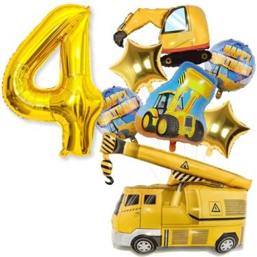 Imagem de Construction Balloons 4th Birthday, 9Pcs 40 Inch Gold Number 4 Balloons with Large Excavator Dump Truck Crane Bulldozer Foil Mylar Balloons Set for Boys Construction Birthday Party Supplies 4 Year Old