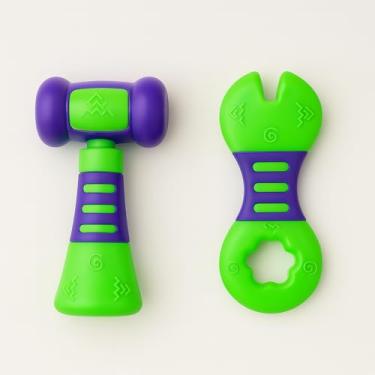 Imagem de Kit Brinquedo de Ferramentas para Bebê 2 Peças – Chave e Martelo Sensorial Verde com Roxo – Estimula Coordenação Motora e Imaginação – Certificado Inmetro +0 Meses
