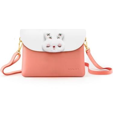 Imagem de AISPARKY Pequena bolsa transversal, bolsa pequena de couro PU para meninas com pingente com alça/alça de corrente dourada, Cor coelho-coral, Bonito