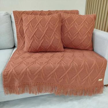 Imagem de Kit Manta Tricot Luxo 150x90cm + 2 Almofadas com Enchimento | Zíper Invisível | Fibra Siliconada | Sofá Sala | Xale Decorativo Elegante L05 (Terracota/Matte)