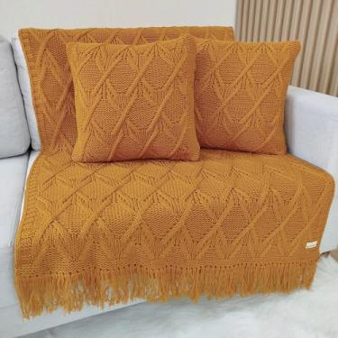 Imagem de Kit Manta Tricot Luxo 150x90cm + 2 Almofadas com Enchimento | Zíper Invisível | Fibra Siliconada | Sofá Sala | Xale Decorativo Elegante L05 (Dourado/Linhaça)