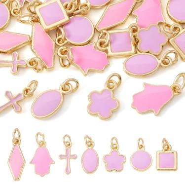 Imagem de KISSITTY Amuletos de latão esmaltado, 21 peças, mão de Miriam, amuleto de mão de Miriam, berloques quadrados ovais, cruzados, redondos com anel de salto, pingente dourado para colar, pulseira, joias