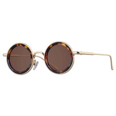 Imagem de VFDHN Óculos de sol da moda masculino, redondo, armação de metal, para dirigir ao ar livre, ultravioleta (chá escuro)