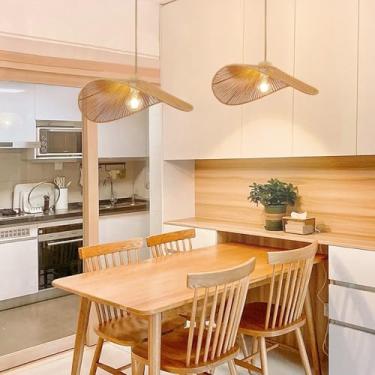 Imagem de Luminária com pingente de vime boho estilo moderno bohia bambu natural feito à mão 2 lâmpadas penduradas para casa de fazenda, quarto, sala de estar, sala de jantar, tamanho M