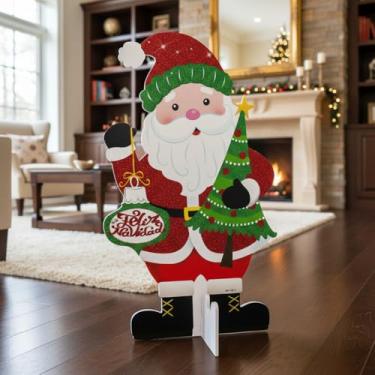 Imagem de Placa Decorativa de Natal com Glitter, Isopor e Papelão, Árvore com Papai Noel 35x28cm ou Papai Noel 38,5x22,5cm, Base de Apoio (PAPAI NOEL)