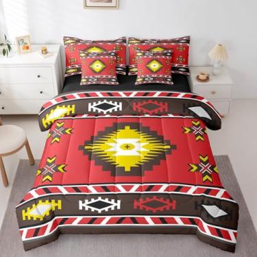 Imagem de Erosebridal Jogo de cama de casal com 7 peças, geométrico do sudoeste, nativo do sudoeste, asteca, tribal, étnico, boêmio, oriental, conjunto de lençol com edredom, vermelho e marrom