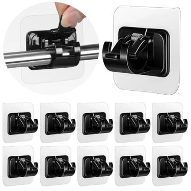 Imagem de 12 peças de suportes de varão de cortina sem broca, autoadesivos, sem perfuração, ganchos de varão de cortina, sem pregos, ajustáveis, cabides de cortina para banheiro, cozinha (preto brilhante)