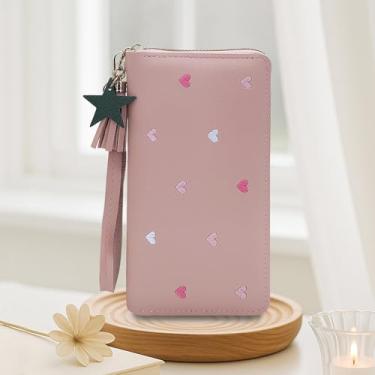 Imagem de Carteira feminina, carteiras longas de poliuretano para mulheres, carteira de grande capacidade para mulheres com zíper, carteira feminina fina para encontros, compras, Rosa claro, Casual