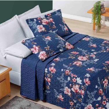 Imagem de Kit Cobre Leito Colcha Celi Queen Dupla Face Micropercal 200 Fios 3 Peças - Azul Marinho Floral
