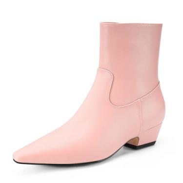 Imagem de Perisis Bota feminina de cano curto, bico fino, grosso, salto baixo, confortável, casual, com zíper lateral, Poliuretano rosa bebê, 36
