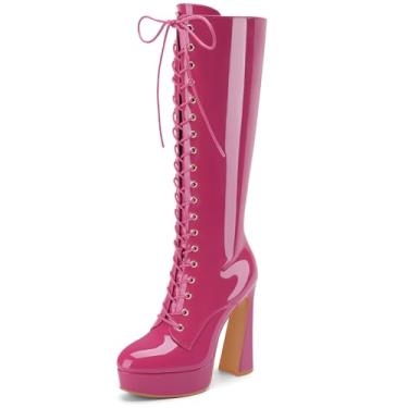 Imagem de Perisis Botas femininas com cadarço até o joelho plataforma salto alto grosso bico arredondado botas longas de couro envernizado com zíper, Rosa choque, 35