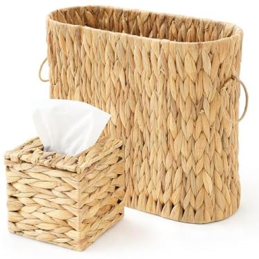 Imagem de Remerry Conjunto de armazenamento de papel higiênico com 2 peças de jacinto de água, capa quadrada para caixa de lenços e suporte de papel higiênico grande para até 8 mega rolos, organizador de