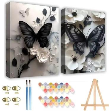 Imagem de KYOQFVN Pacote com 2 tintas de borboleta por números com cavalete de madeira – kits de pintura adulta por números em tela emoldurada, pintura fácil por números para adultos, pintura a óleo acrílica
