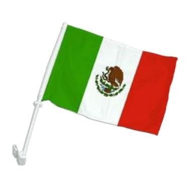 Imagem de Bandeira de carro do México 26,7 x 38 cm - Impresso dupla face em poliéster super tricô - Bordas costuradas - Plástico branco de 48 cm