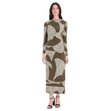 Imagem de Donna Morgan Vestido maxi feminino de manga comprida com estampa animal - vestido colado ao corpo para noite e coquetel, Verde-oliva/creme, 42