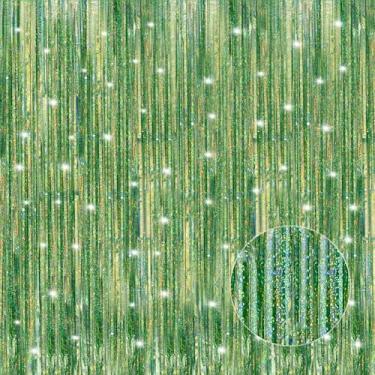 Imagem de Crosize Pacote com 3 cortinas de franja verde laser de 1 x 3 m, decoração de festa, cortina de estanho verde laser para festas, serpentinas de porta, pano de fundo com glitter para decoração de