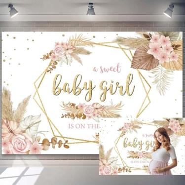 Imagem de 2,1 x 1,5 m Boho Flowers Pano de fundo para chá de bebê, blush, flor rosa, grama dos pampas, fundo fotográfico para recém-nascidos, revelação de gênero, decoração de festa, uma doce menina está a